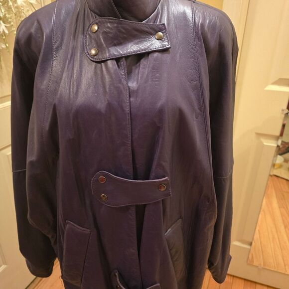 VINTAGE 80'S PURPLE COCOON LEATHER JACKET - Picture 5 of 8